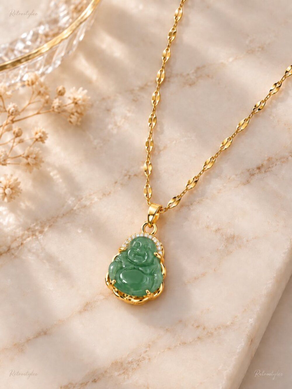 14K Gold Womens 1ct Diamond Natural Green Jade Buddha Pendant Necklace Jewelry